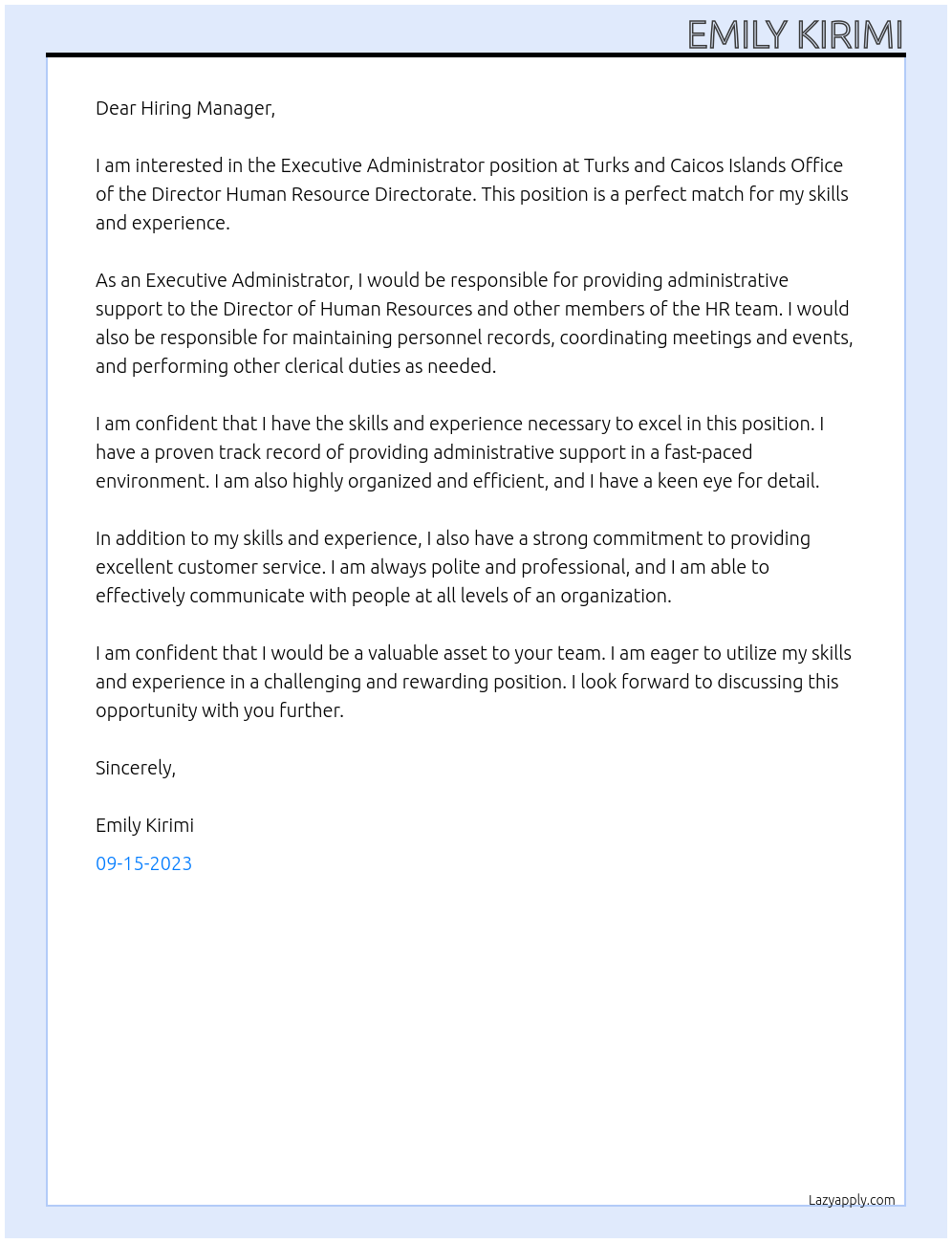 Executive Administrator At Turks and caicos Islands Office of the Director Human Resource Directorate Cover Letter