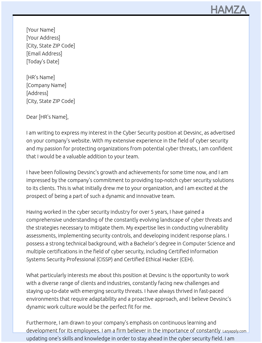 Cyber Security At Devsinc Cover Letter