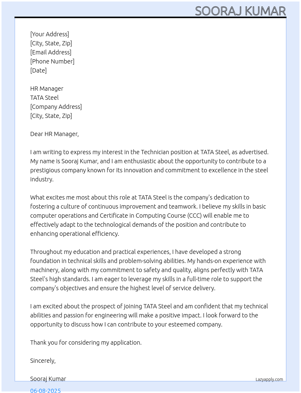 Technician At TATA Steel Cover Letter