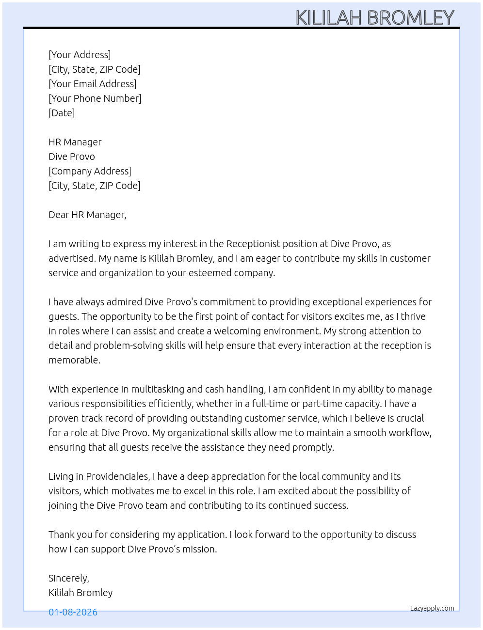 Receptionist  At Dive Provo Cover Letter