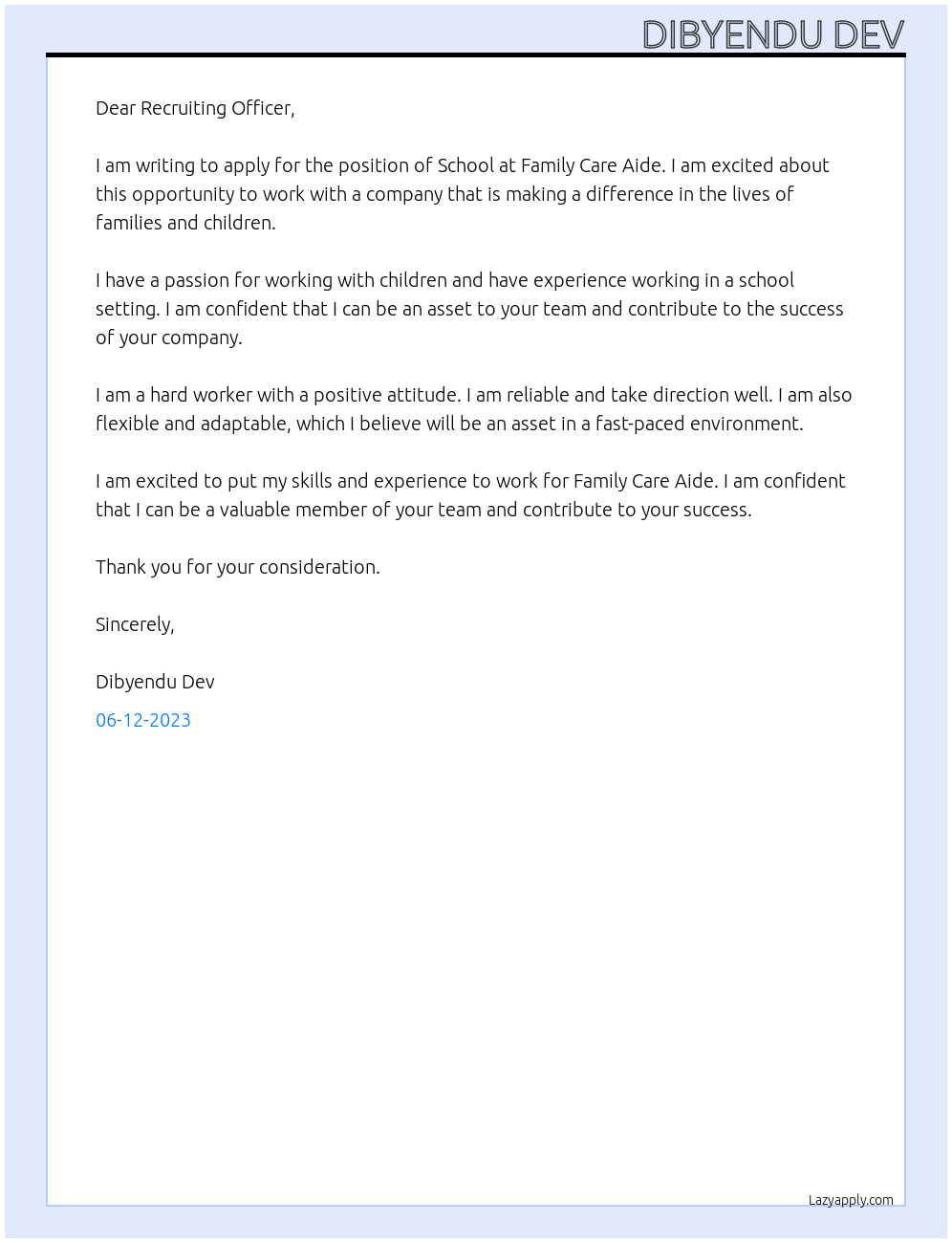 School At Family Care Aide Cover Letter