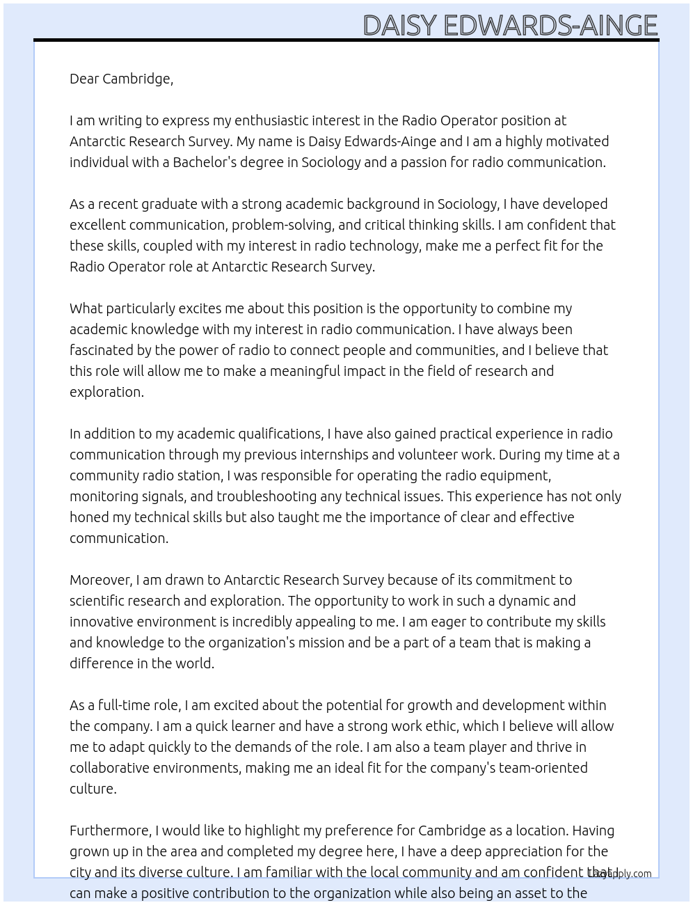 Radio operator  At Antarctic research survey  Cover Letter