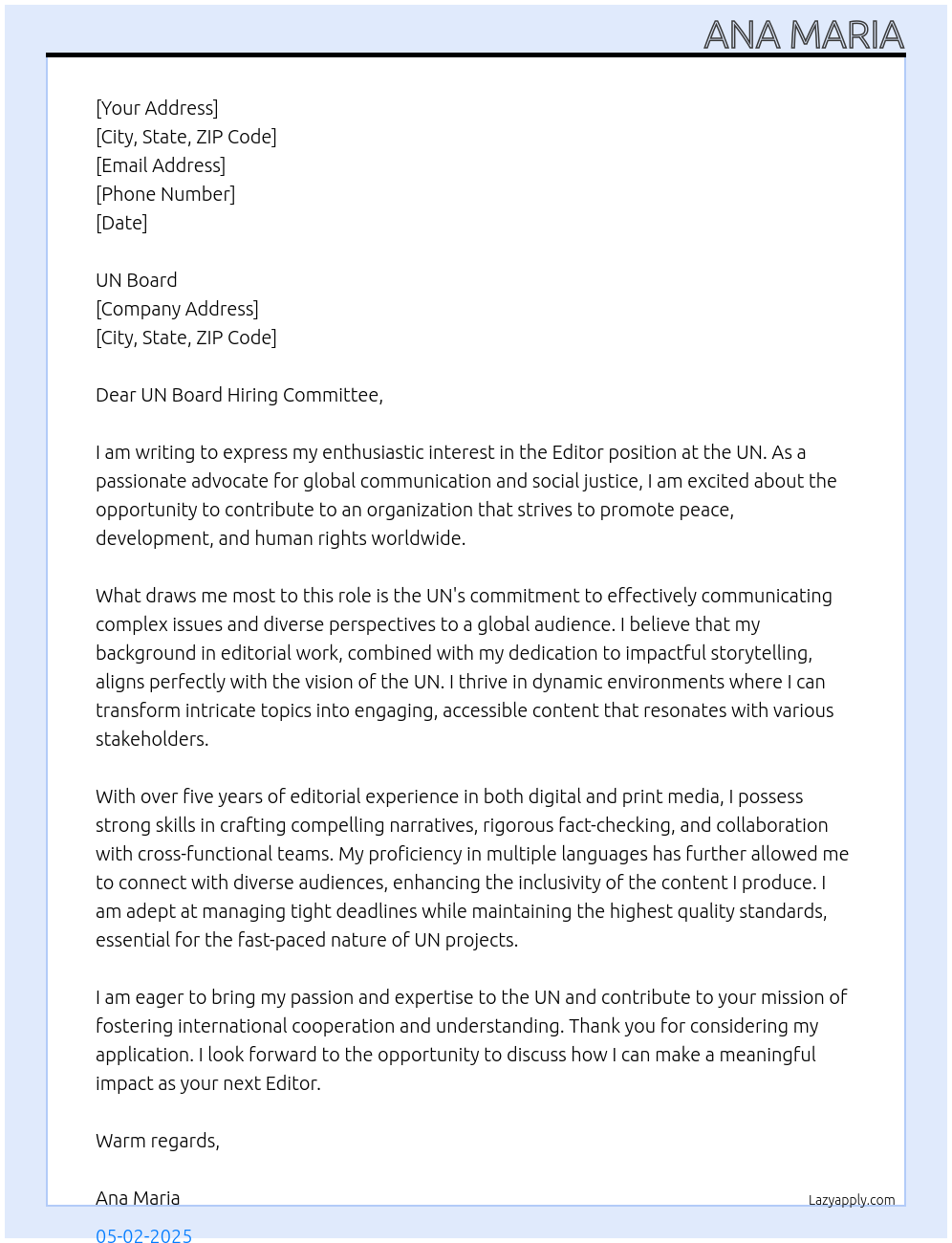 Editor At UN Cover Letter