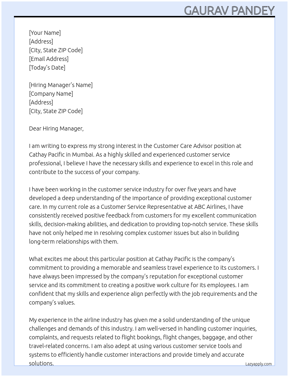 Customer Care Advisor At Cathay Pacific Cover Letter