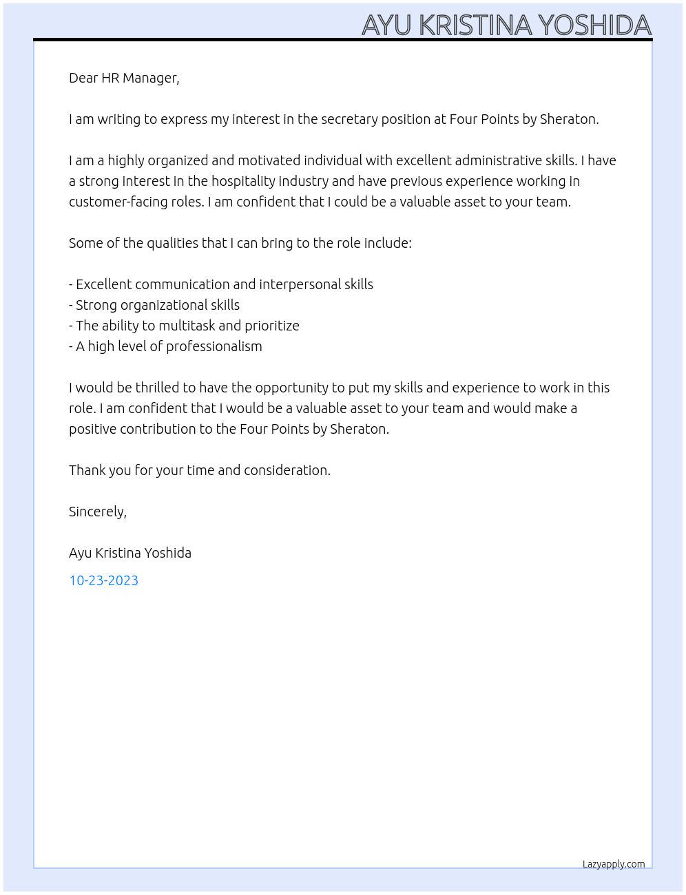 Secretary At Four Points by Sheraton Cover Letter