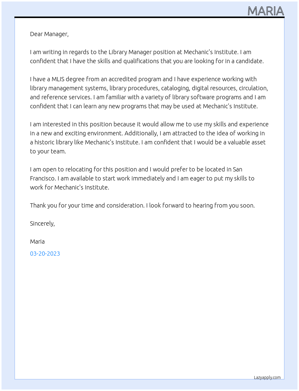 Library Manager At Mechanic's Institute Cover Letter