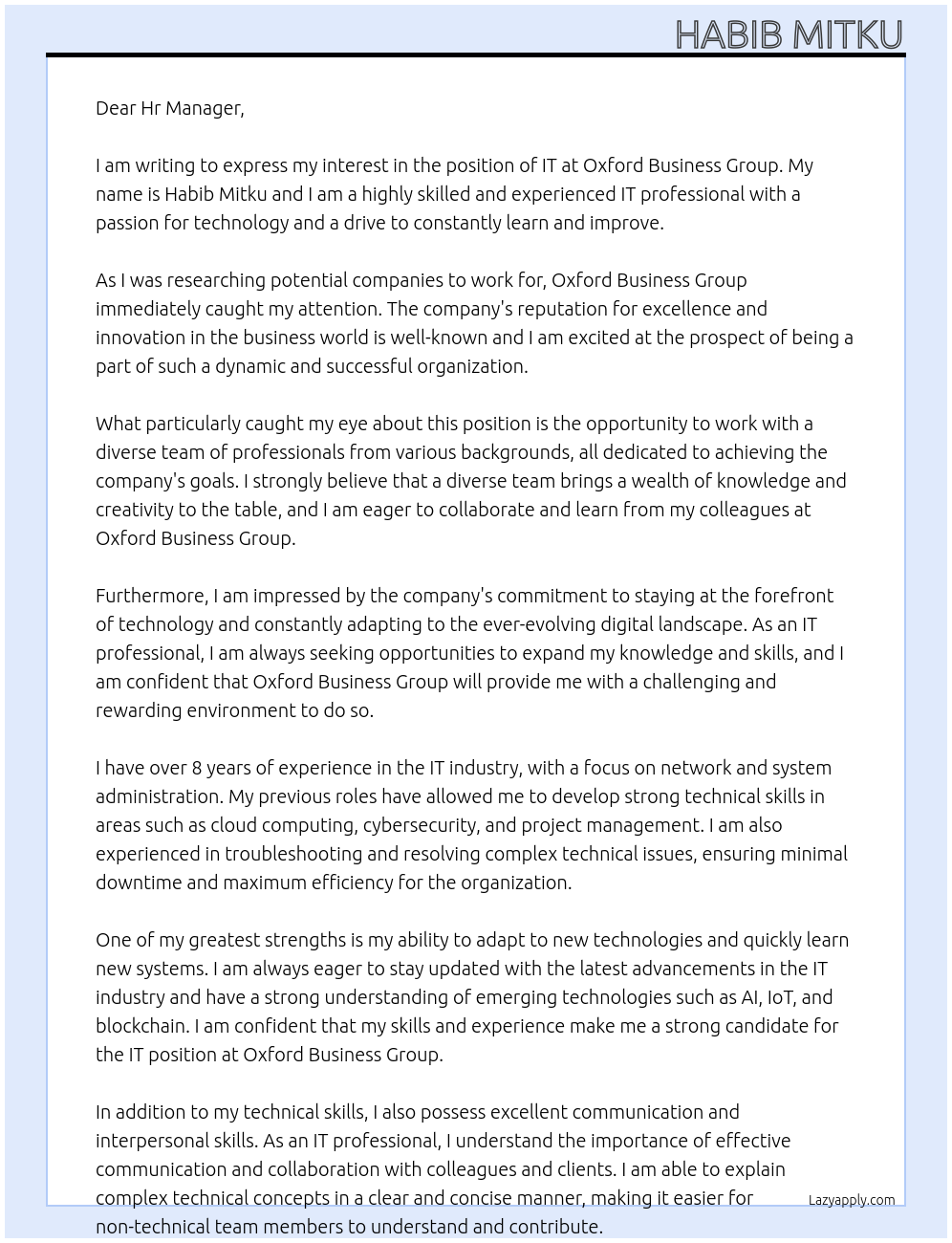 IT At Oxford Business Group Cover Letter