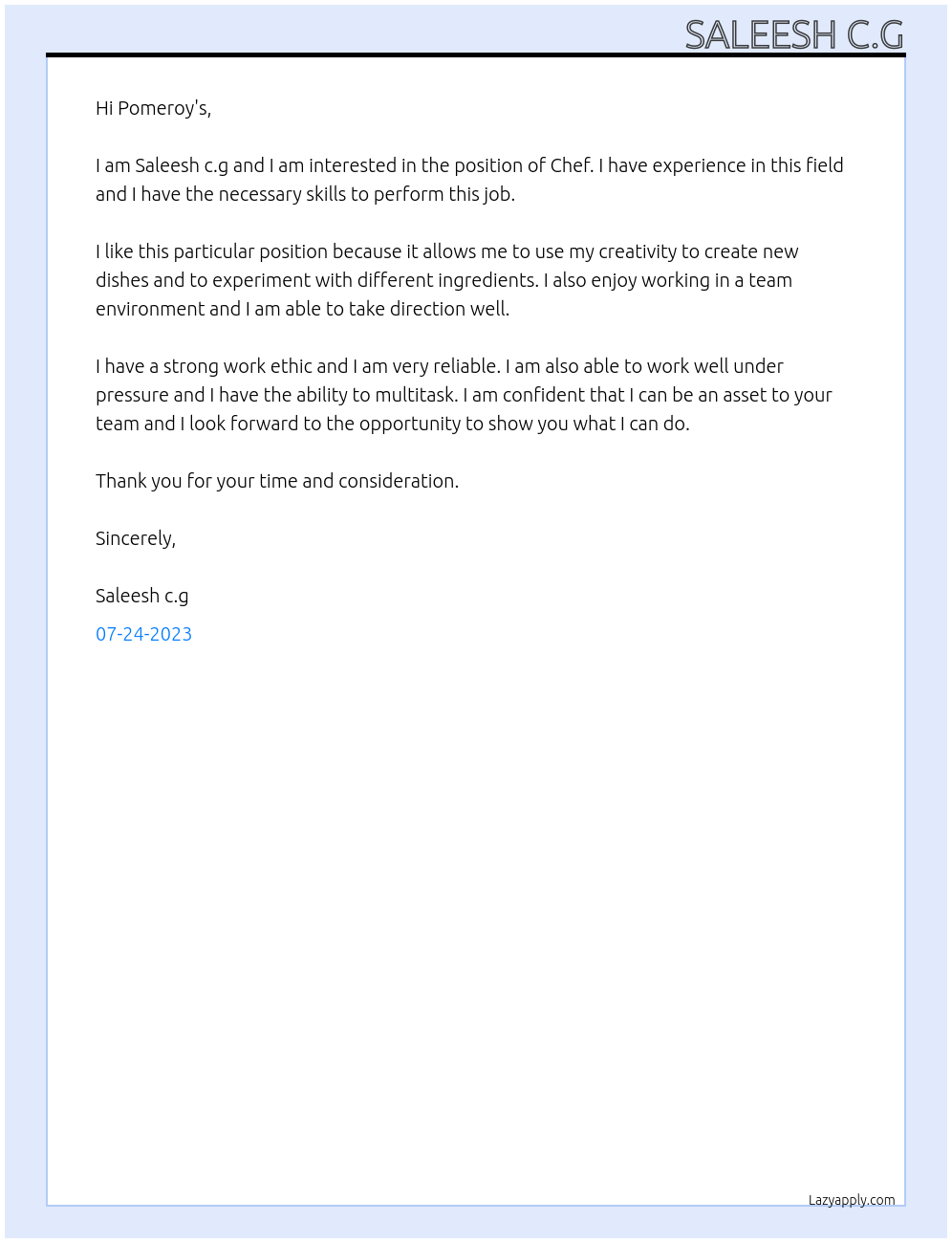 Chef At Pomeroy's Cover Letter