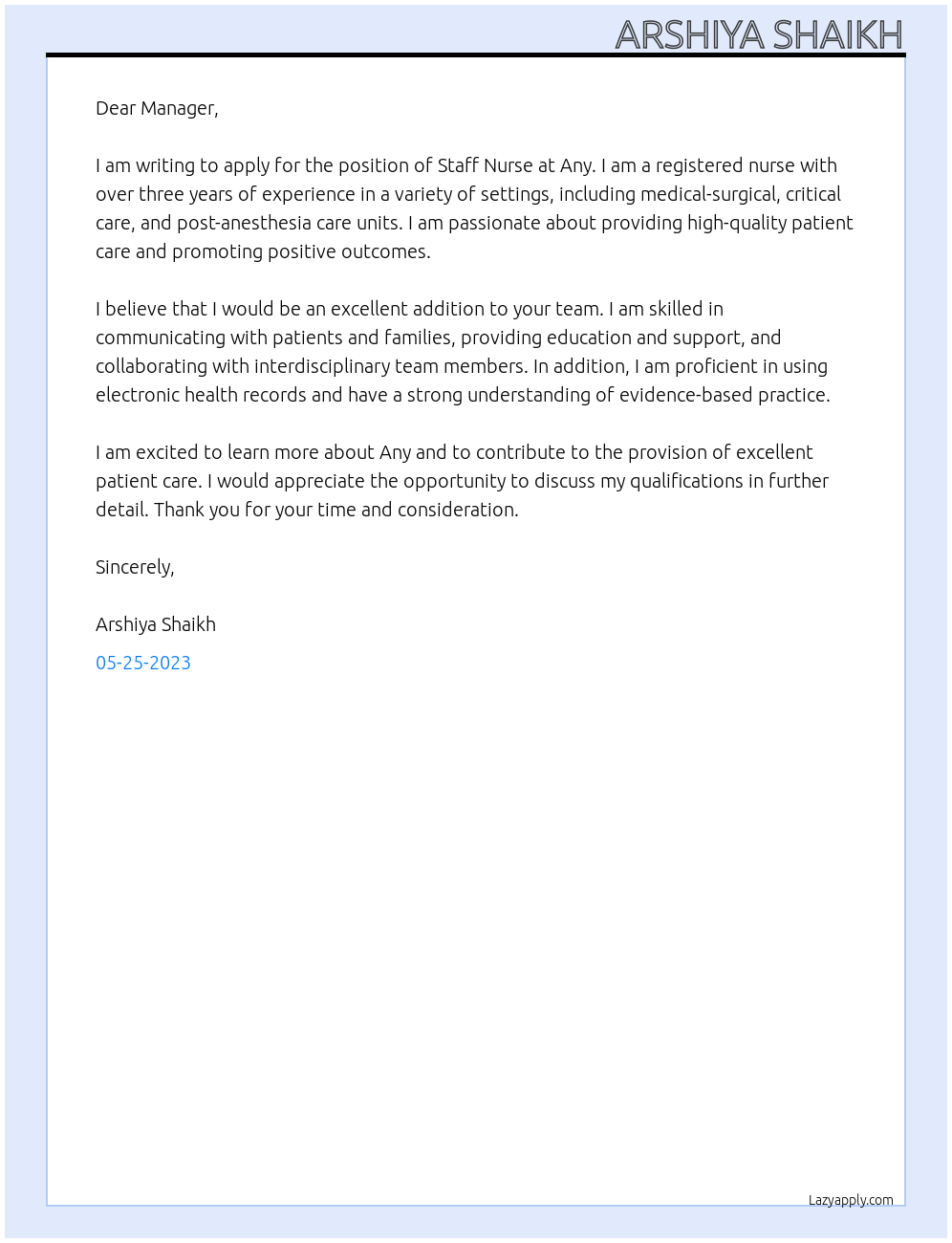 Staff Nurse At Any Cover Letter