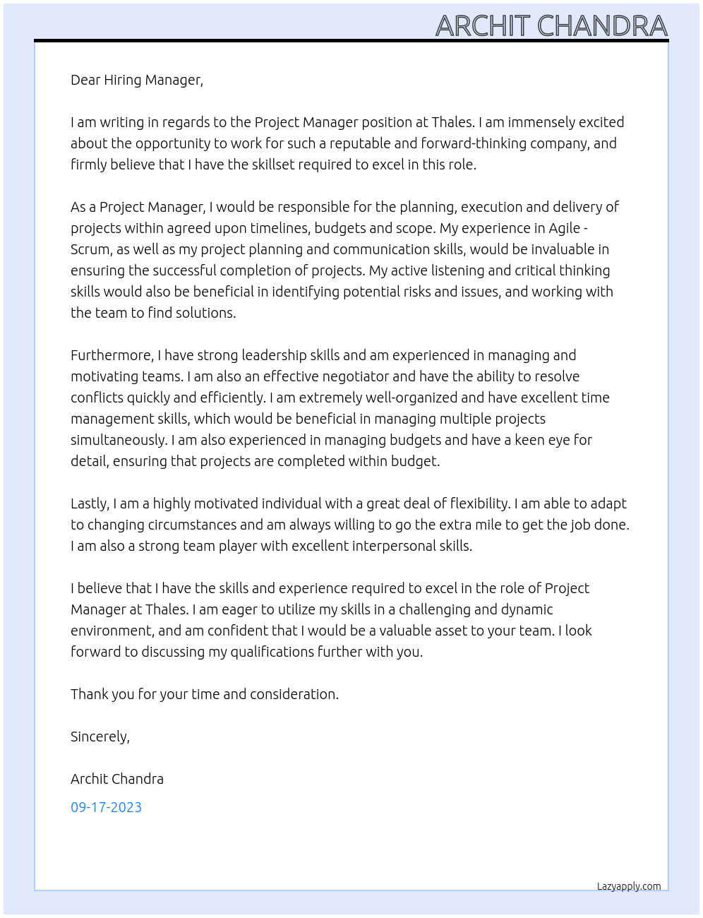 Project Manger At Thales Cover Letter