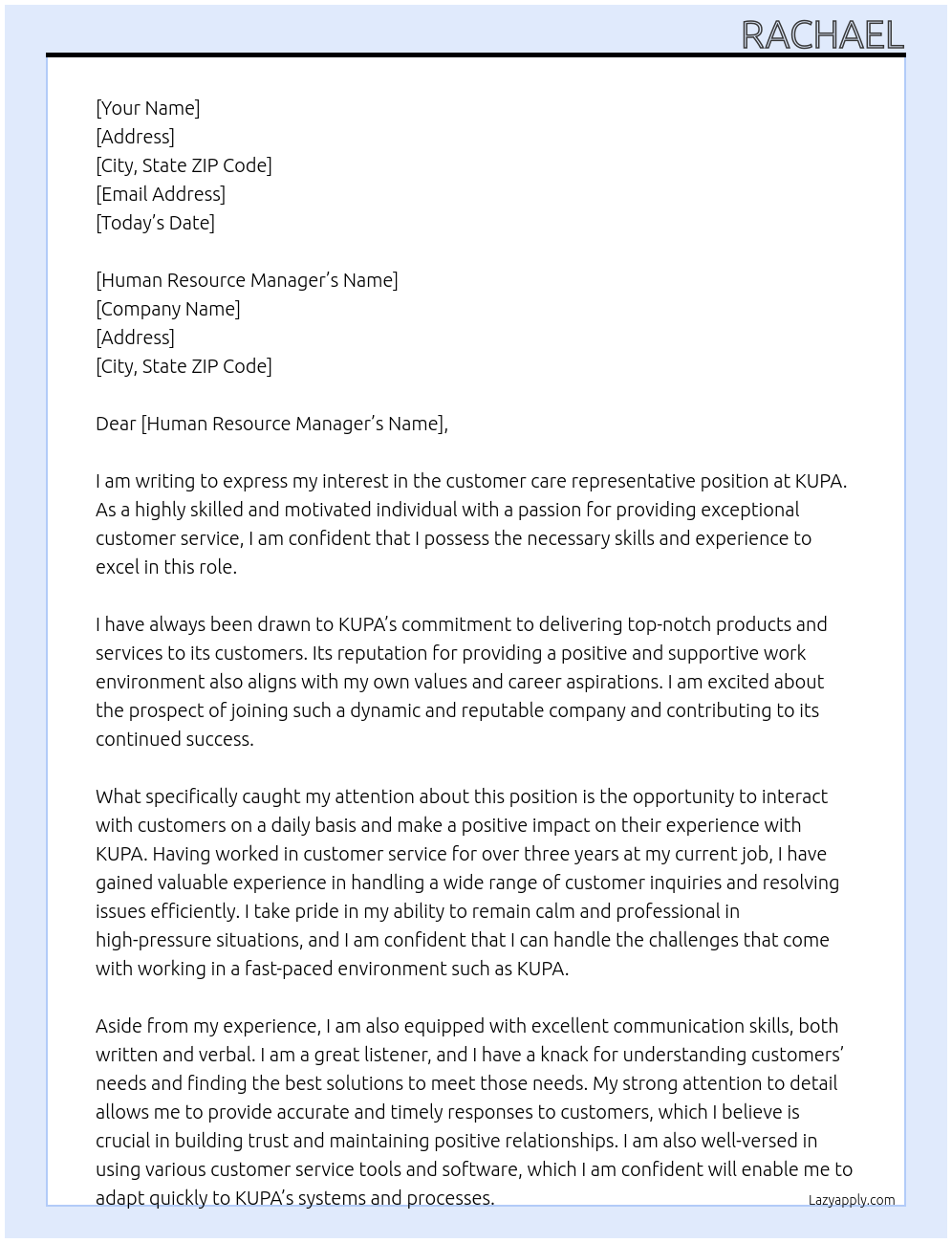 customer care representative  At KUPA Cover Letter