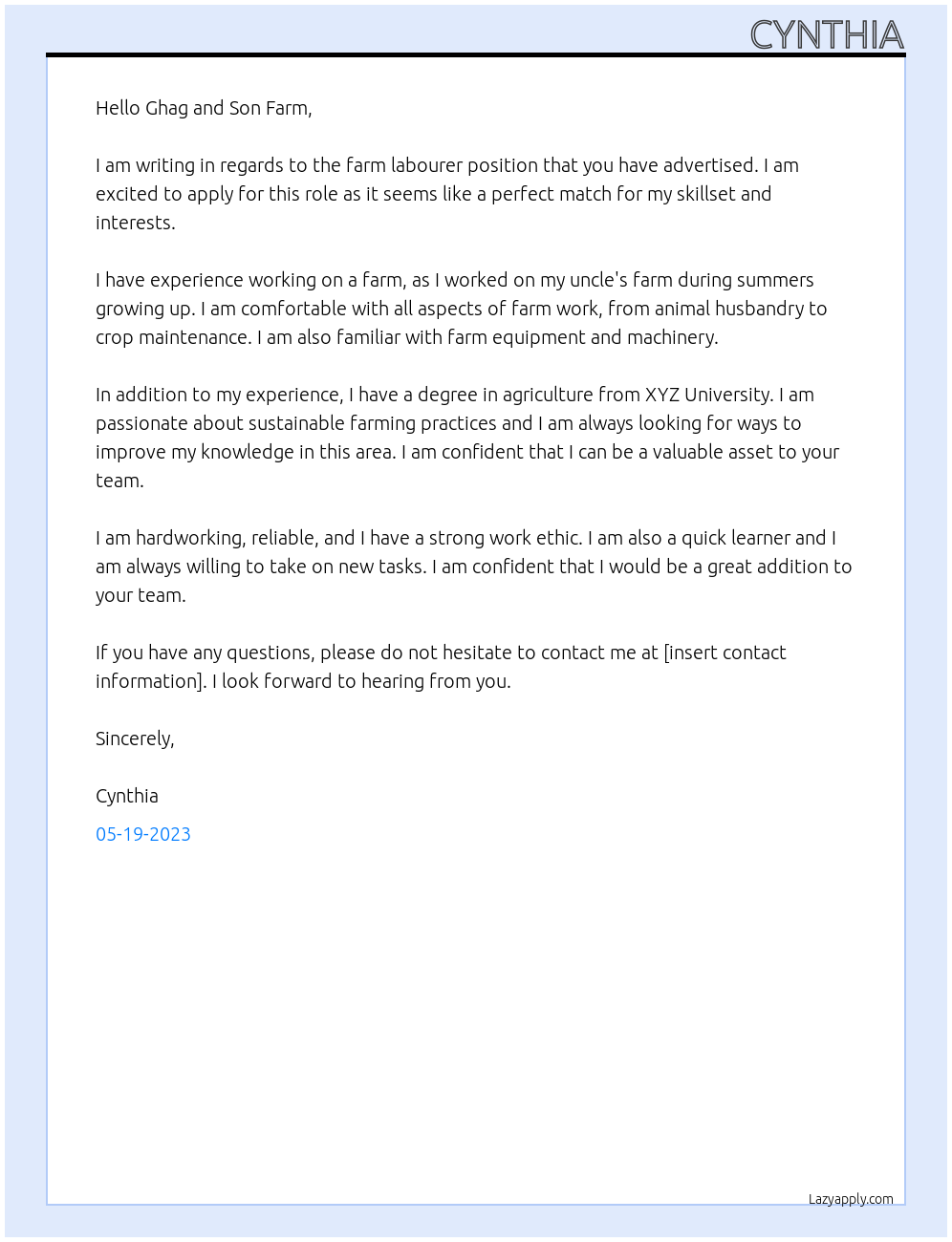 farm labourer At ghag and son farm Cover Letter