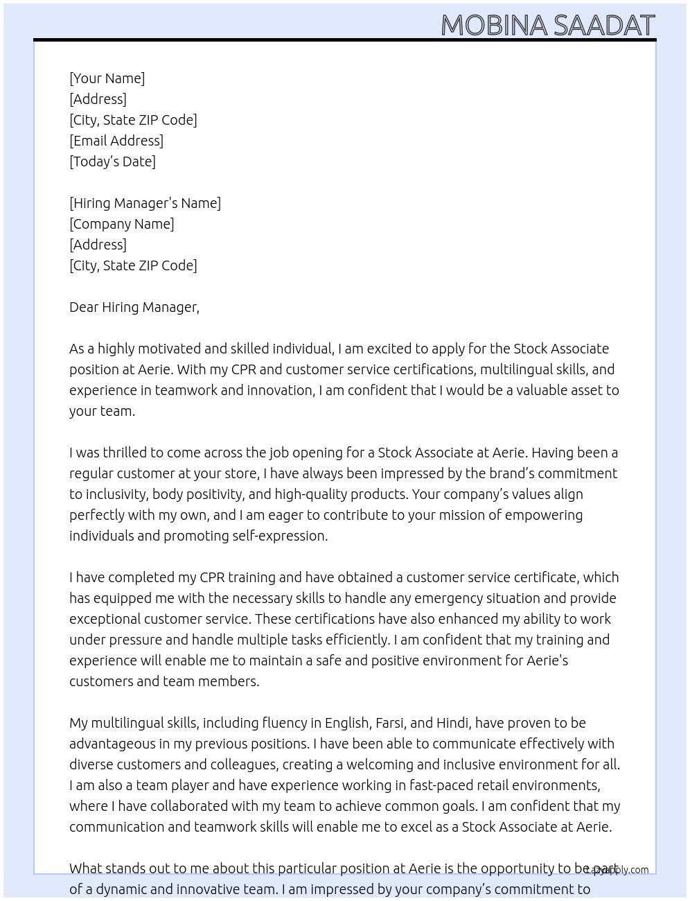 Stock Associate  At Aerie Cover Letter