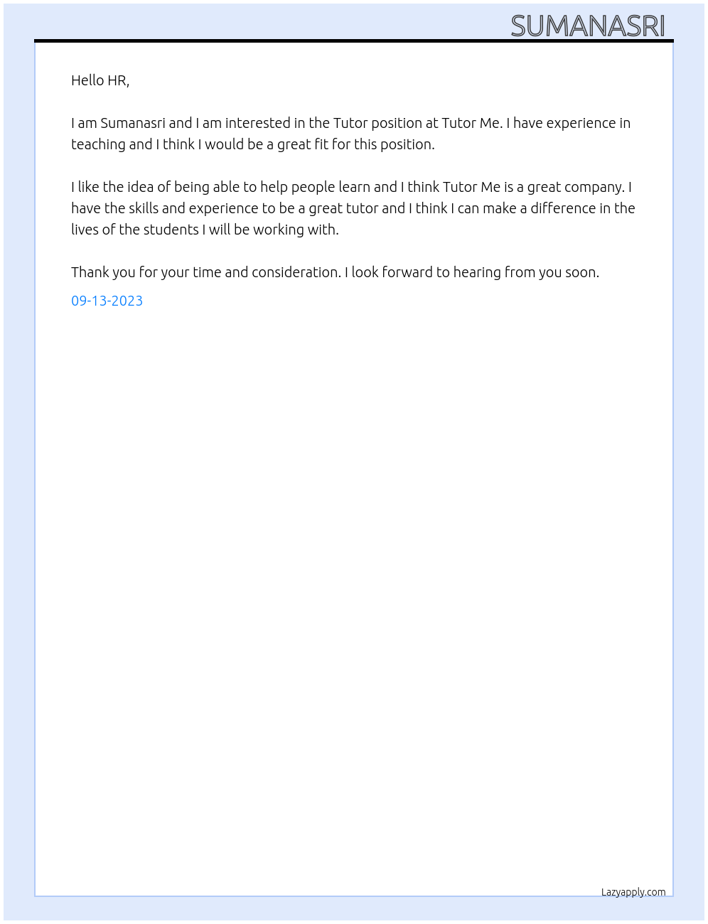 Tutor At Tutor Me Cover Letter