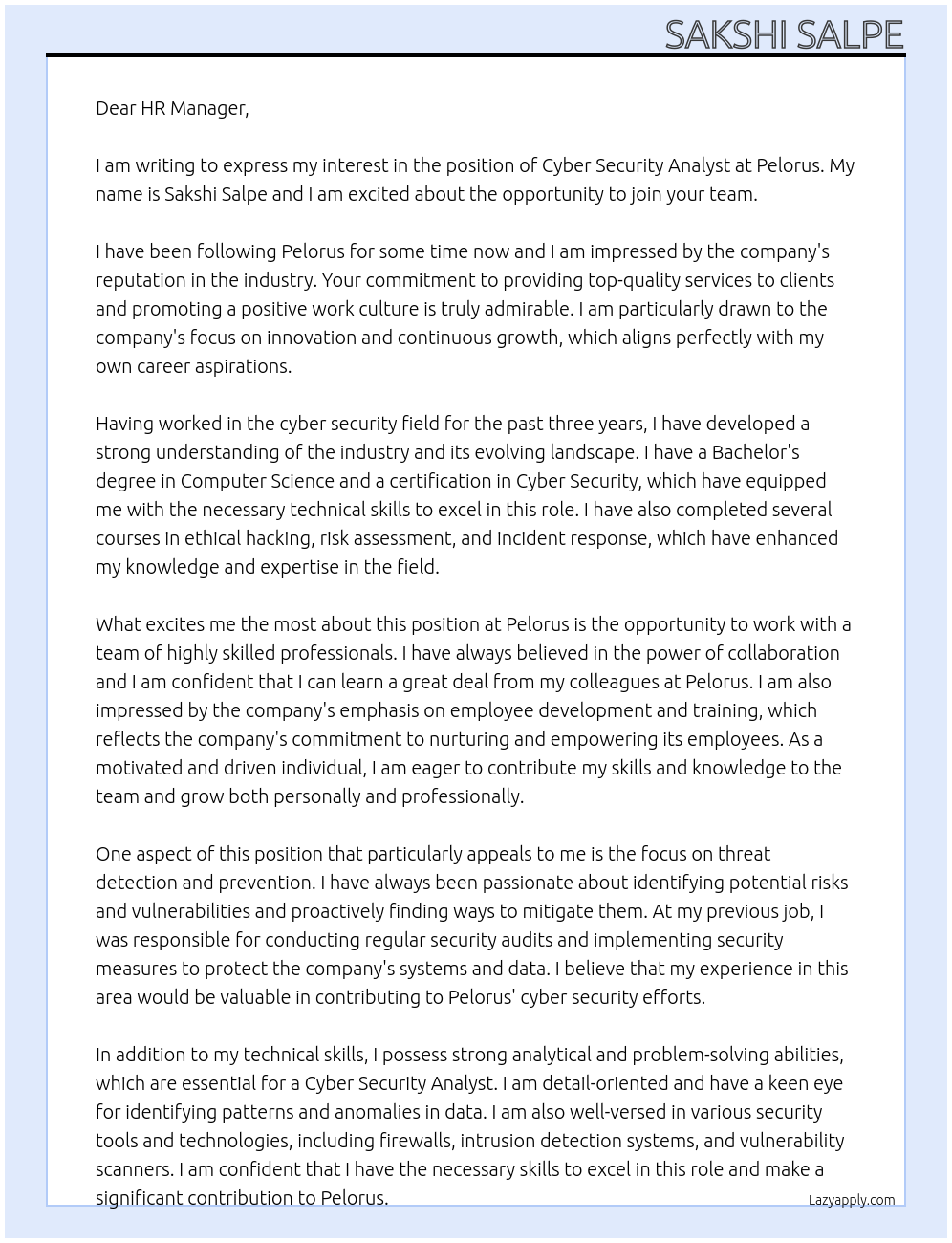 Cyber Security Analyst At Pelorus Cover Letter