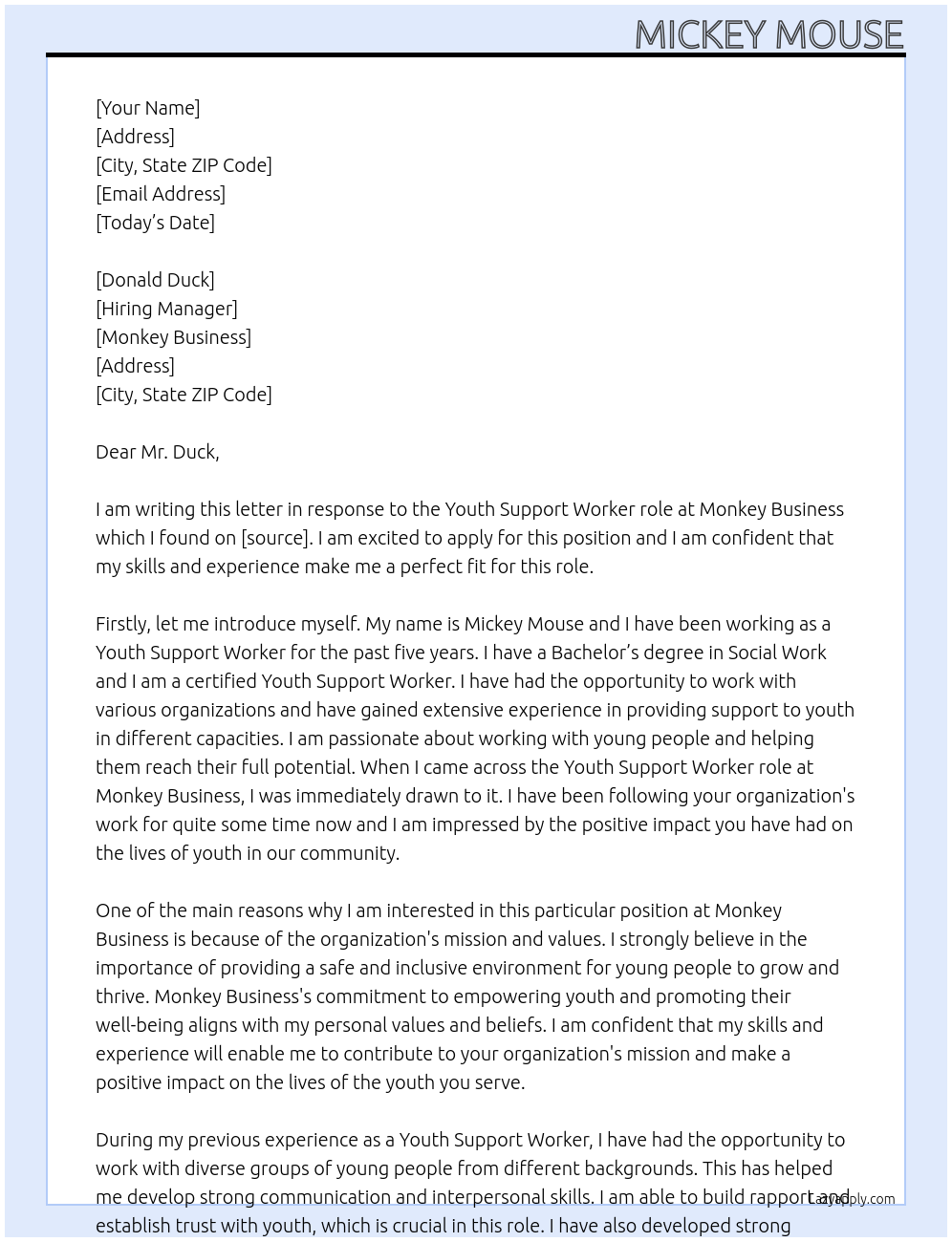 Youth Support Worker At Monkey Business Cover Letter