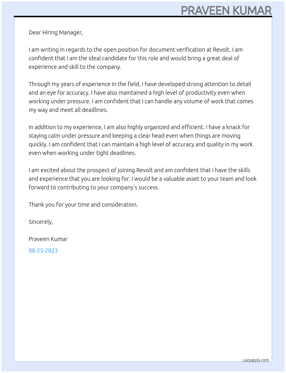 Document verification  At Revolt  Cover Letter