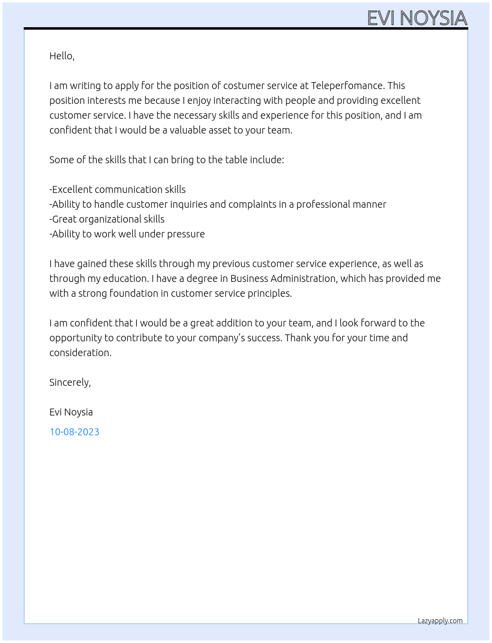 costumer service At TELEPERFOMANCE Cover Letter