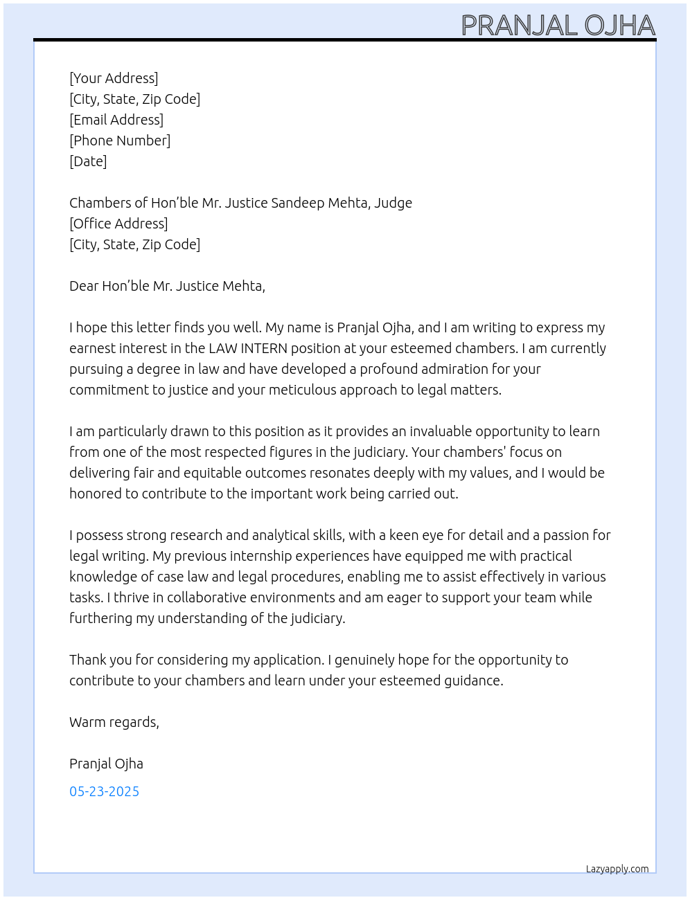 Cover letter for law intern - LazyApply