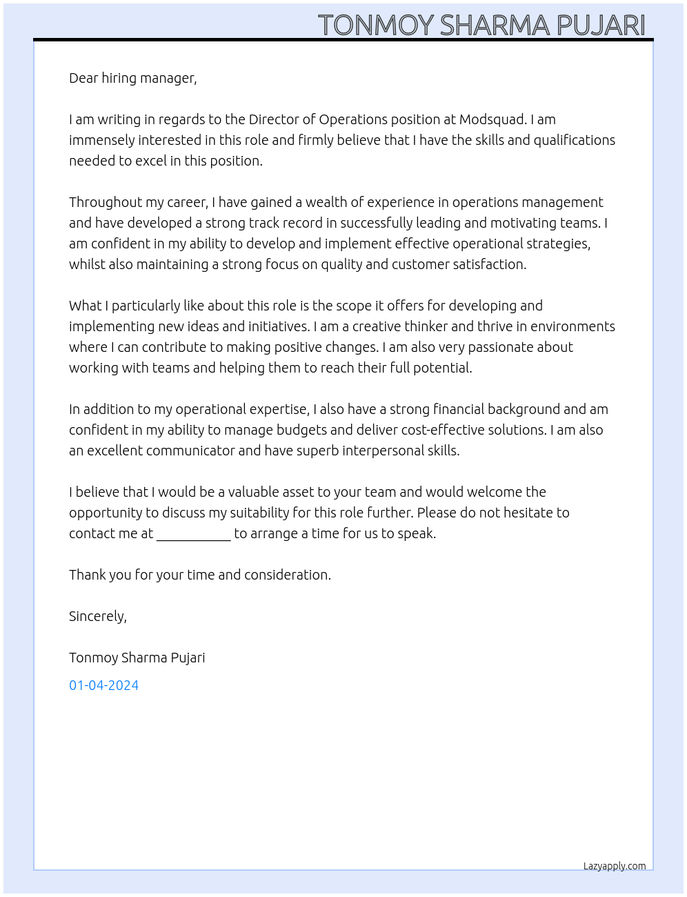 Director of operations At Modsquad Cover Letter