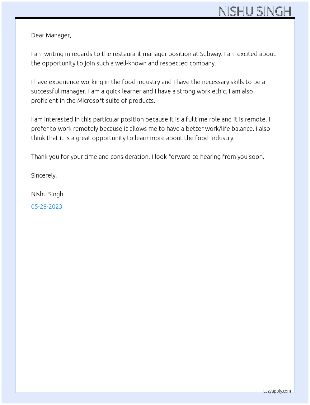 Restaurant manager At Subway Cover Letter