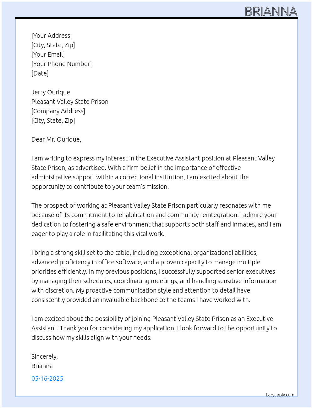 Executive Assistant At Pleasant Valley State Prison Cover Letter