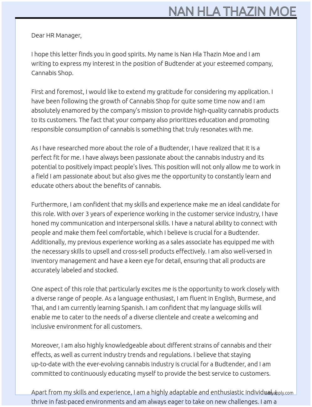 Budtender At Cannabis shop Cover Letter