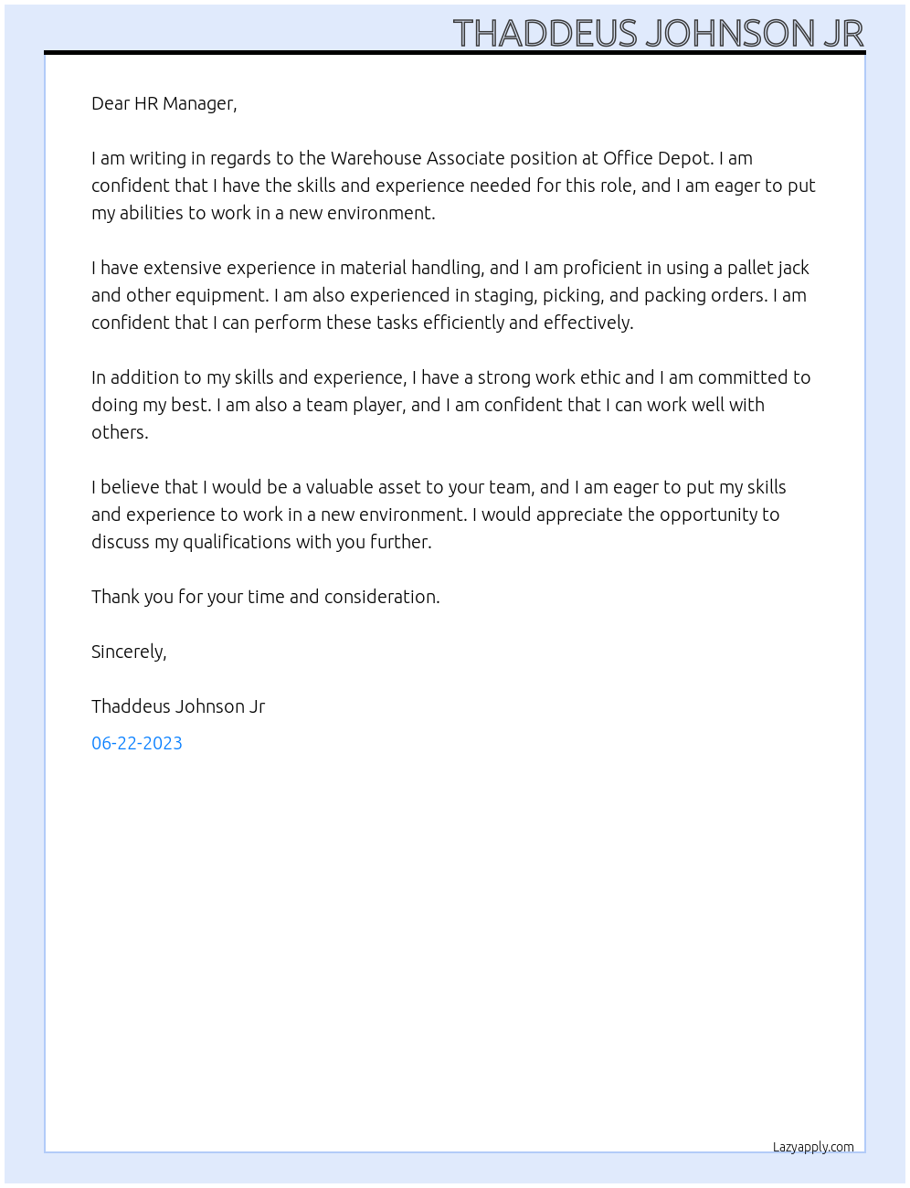 Warehouse Associate At Office Depot Cover Letter
