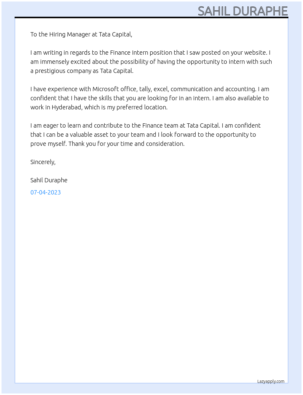 Finance Intern At Tata Capital Cover Letter