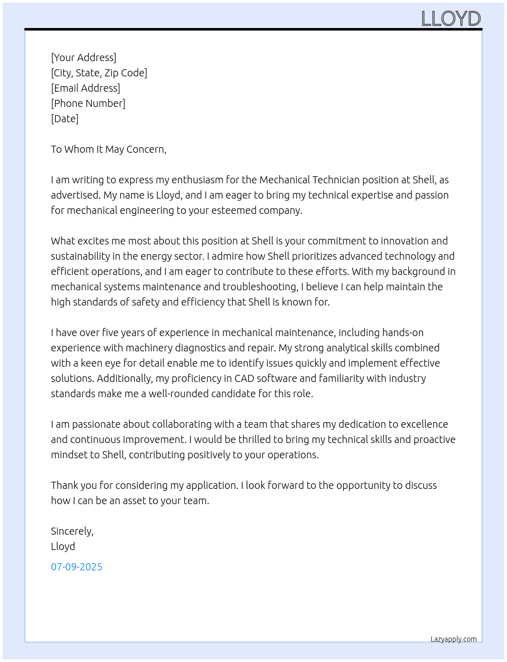 Mechanical Technician At Shell Cover Letter