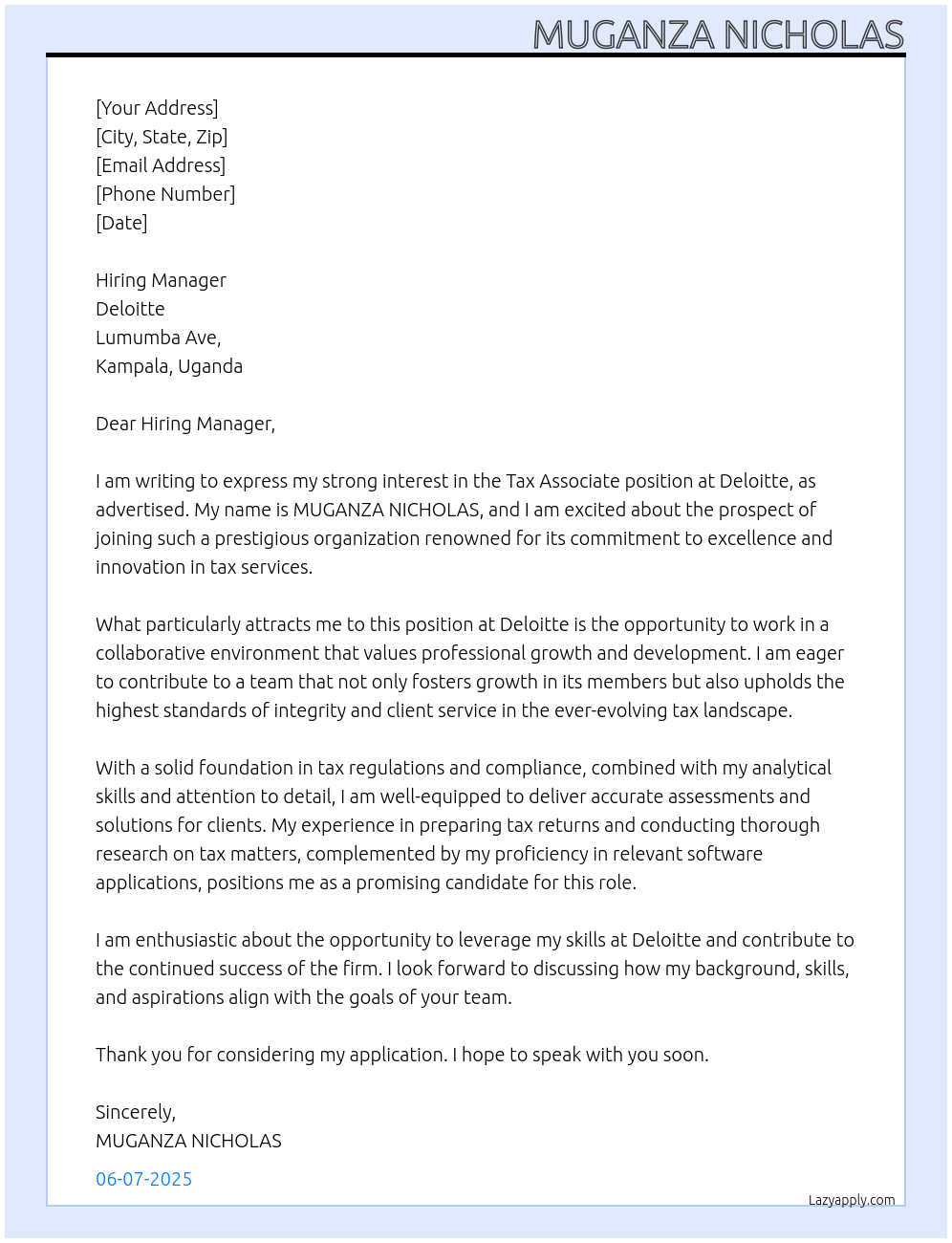 Tax Associate At Deloitte Lumumba Ave, Kampala, Uganda Cover Letter