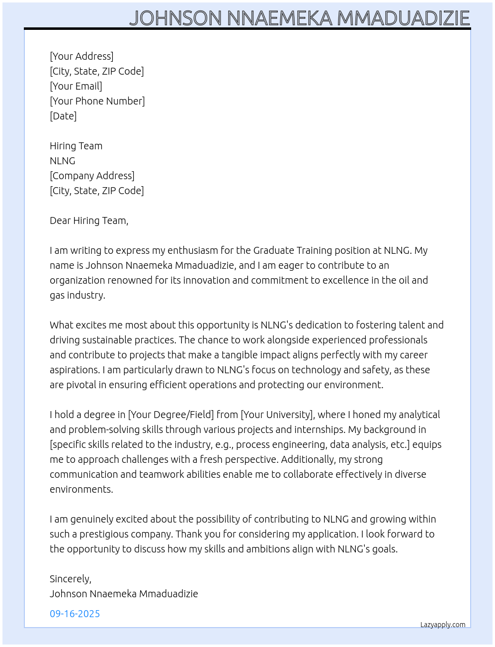 Graduate training At NLNG Cover Letter