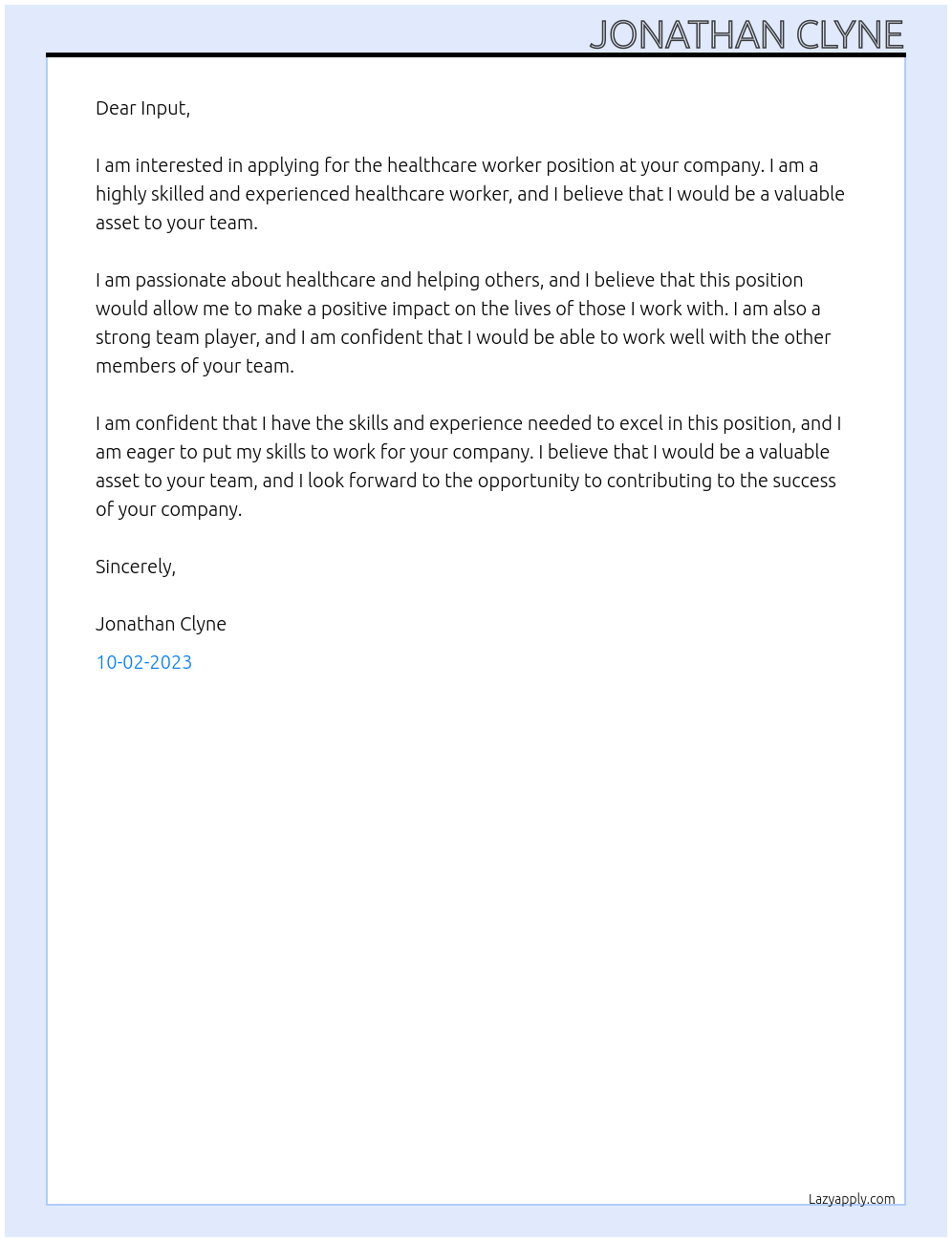 Healthcare worker At Input Cover Letter