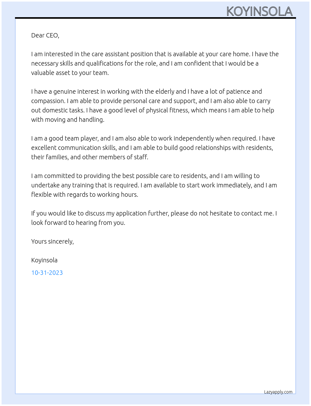 Care assistant  At Care home Cover Letter