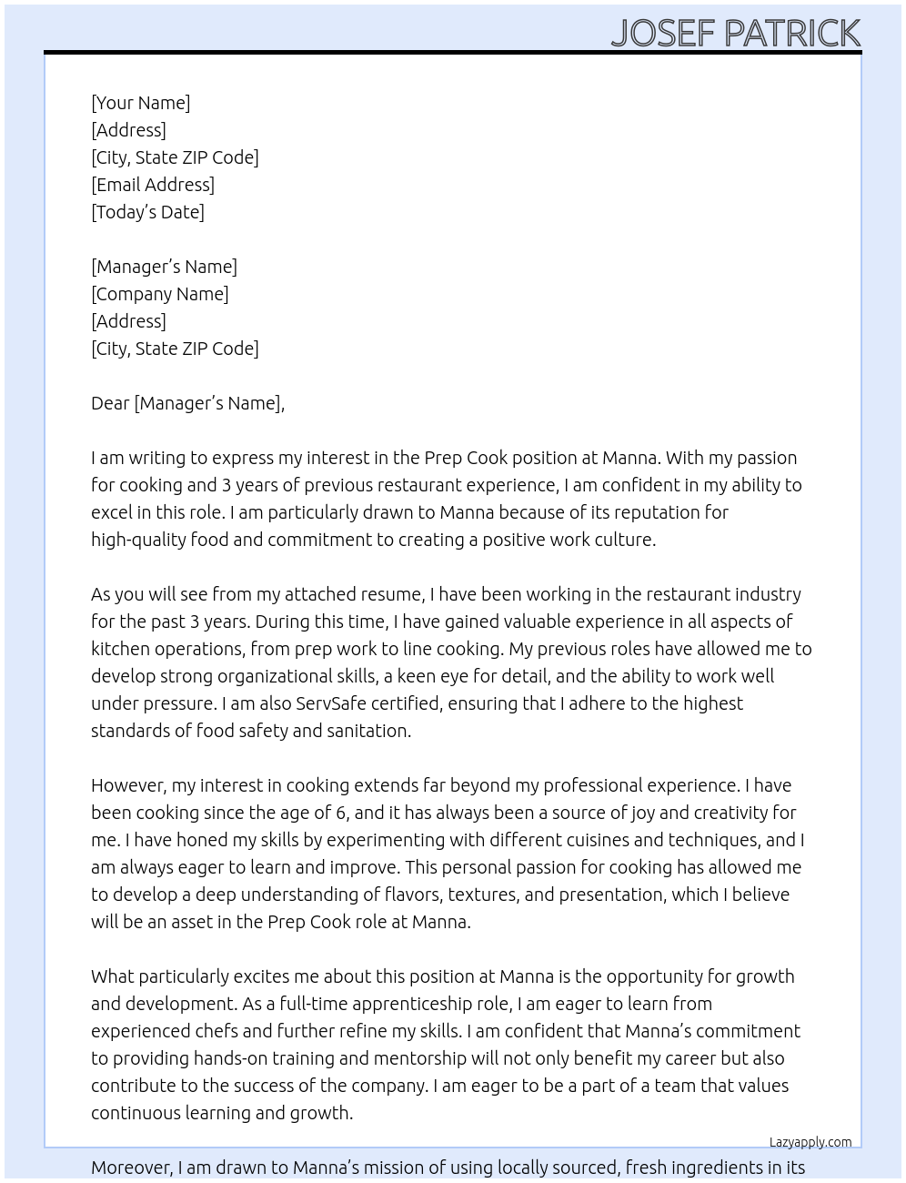 Prep Cook At Manna Cover Letter