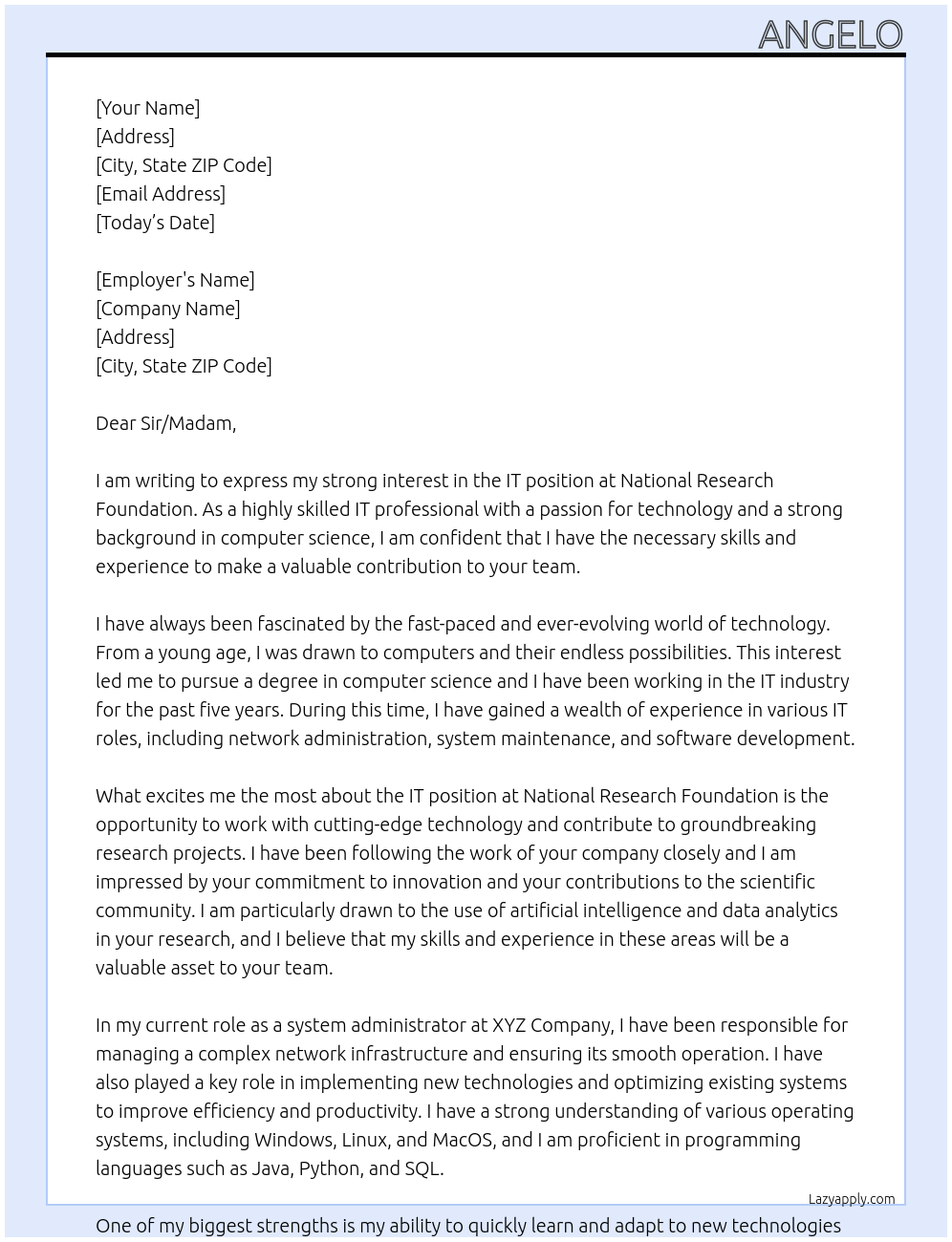 IT At National Research Foundation Cover Letter