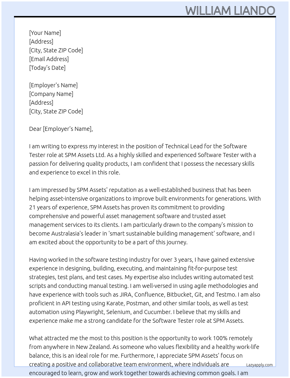 Software Tester At SPM Assets Ltd Cover Letter