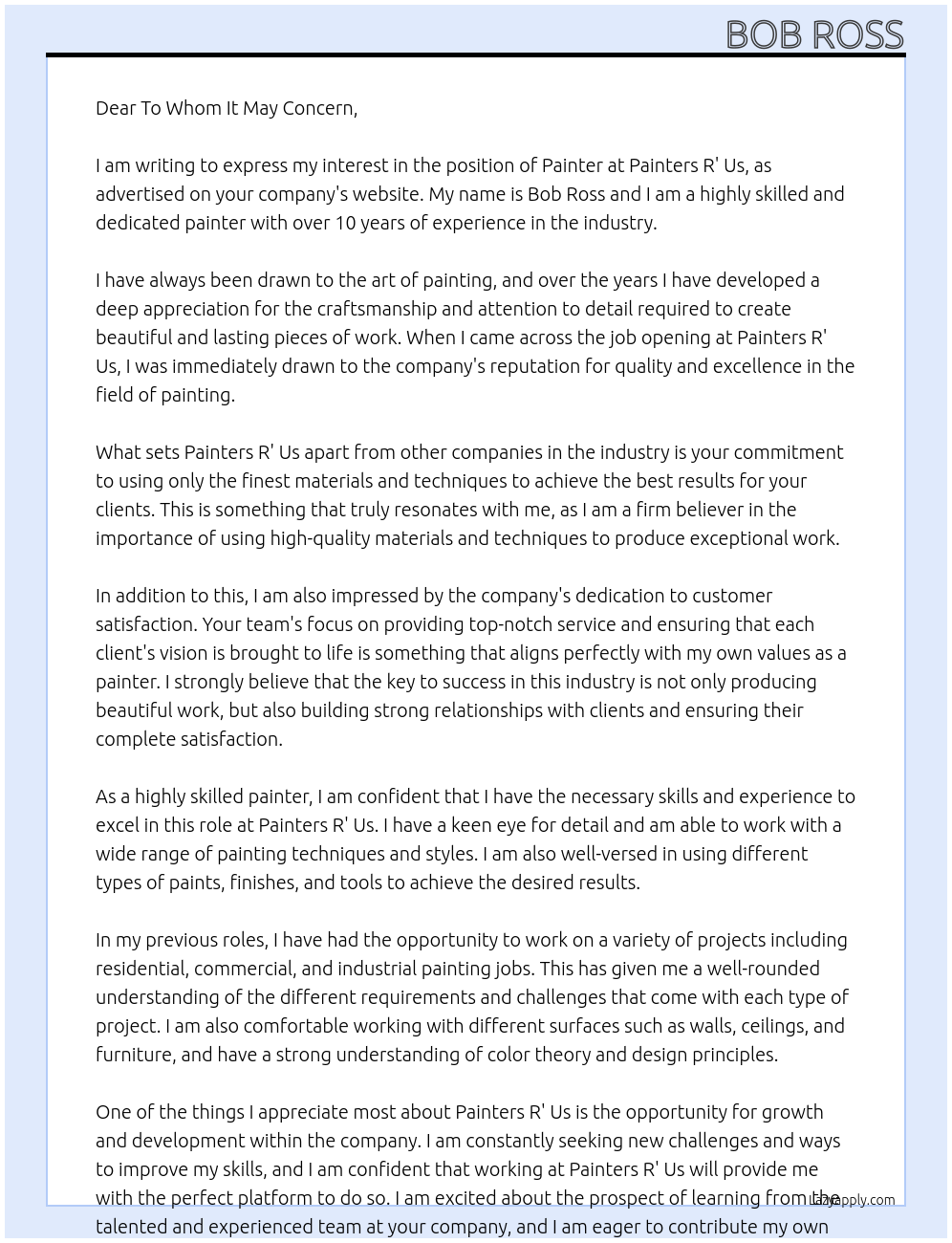 Painter At Painters R' Us Cover Letter