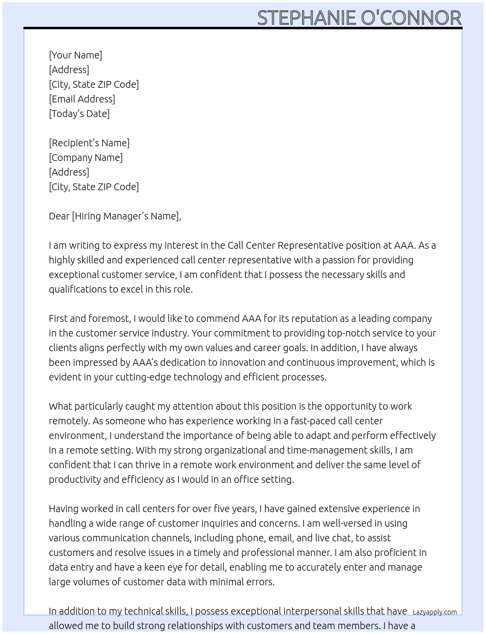 Call Center Representative At AAA Cover Letter