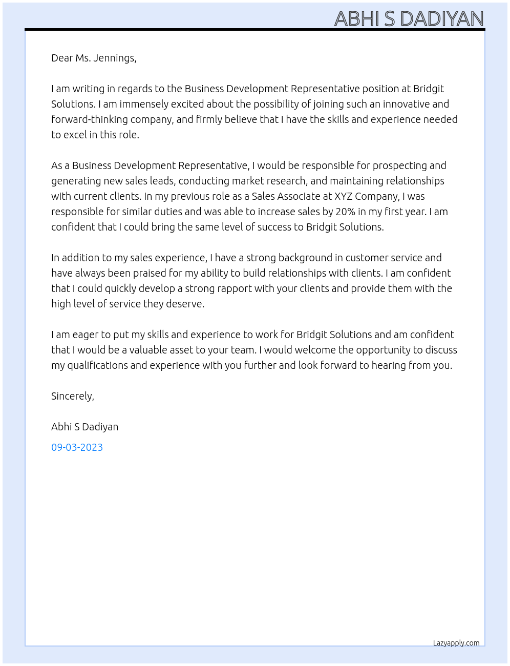 Business Development Representative At Bridgit Solutions Cover Letter