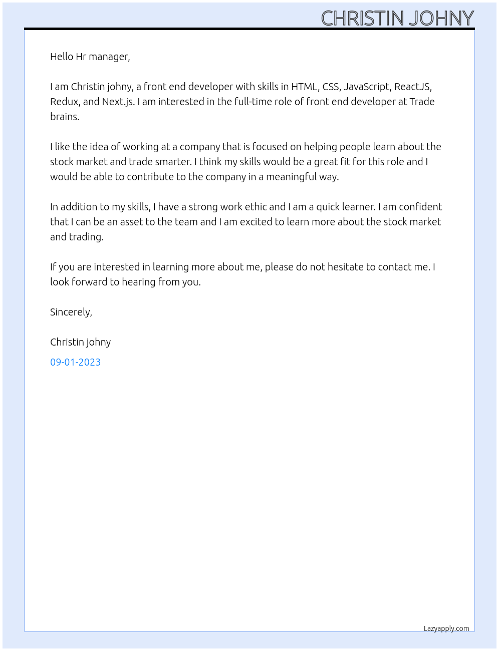Front end developer At Trade brains Cover Letter