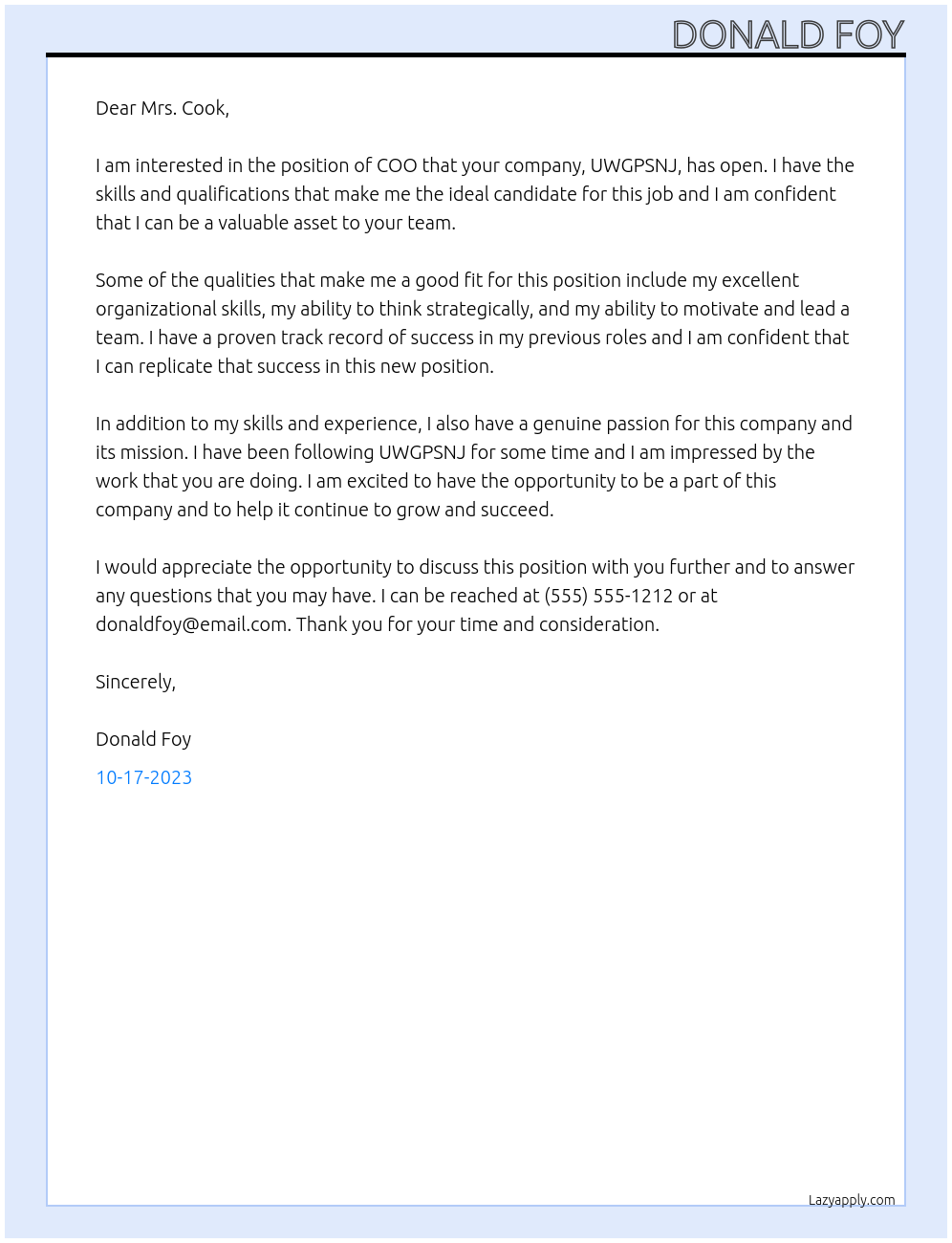 COO At UWGPSNJ Cover Letter