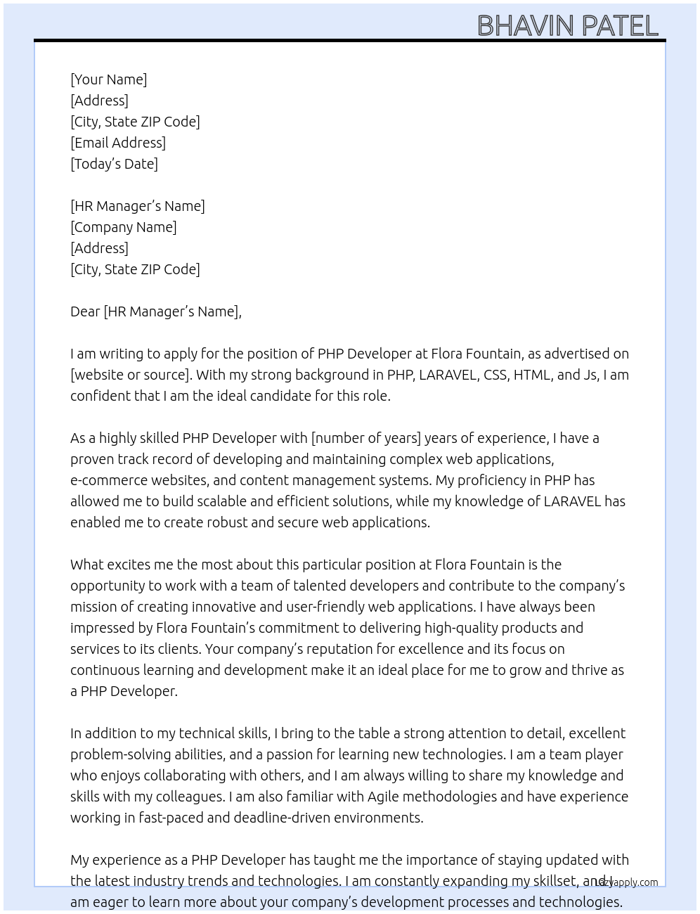 PHP Developer  At Flora Fountain  Cover Letter