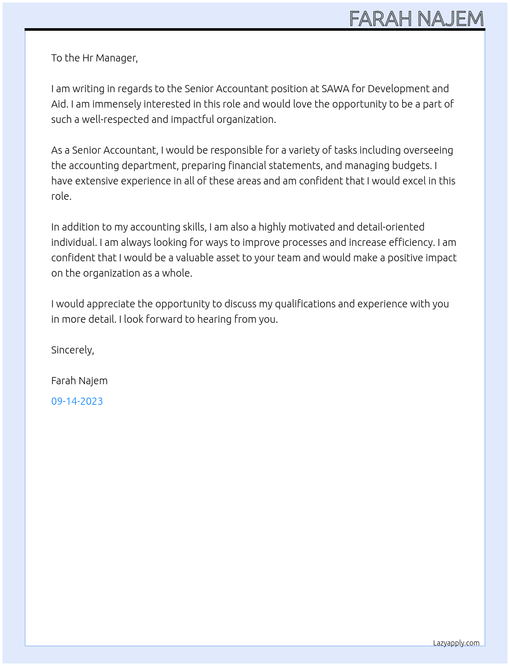 Senior Accountant At SAWA for Development and Aid Cover Letter