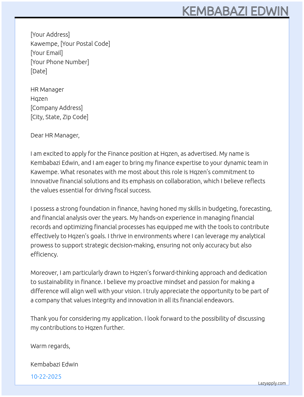 Cover letter for Finance - LazyApply