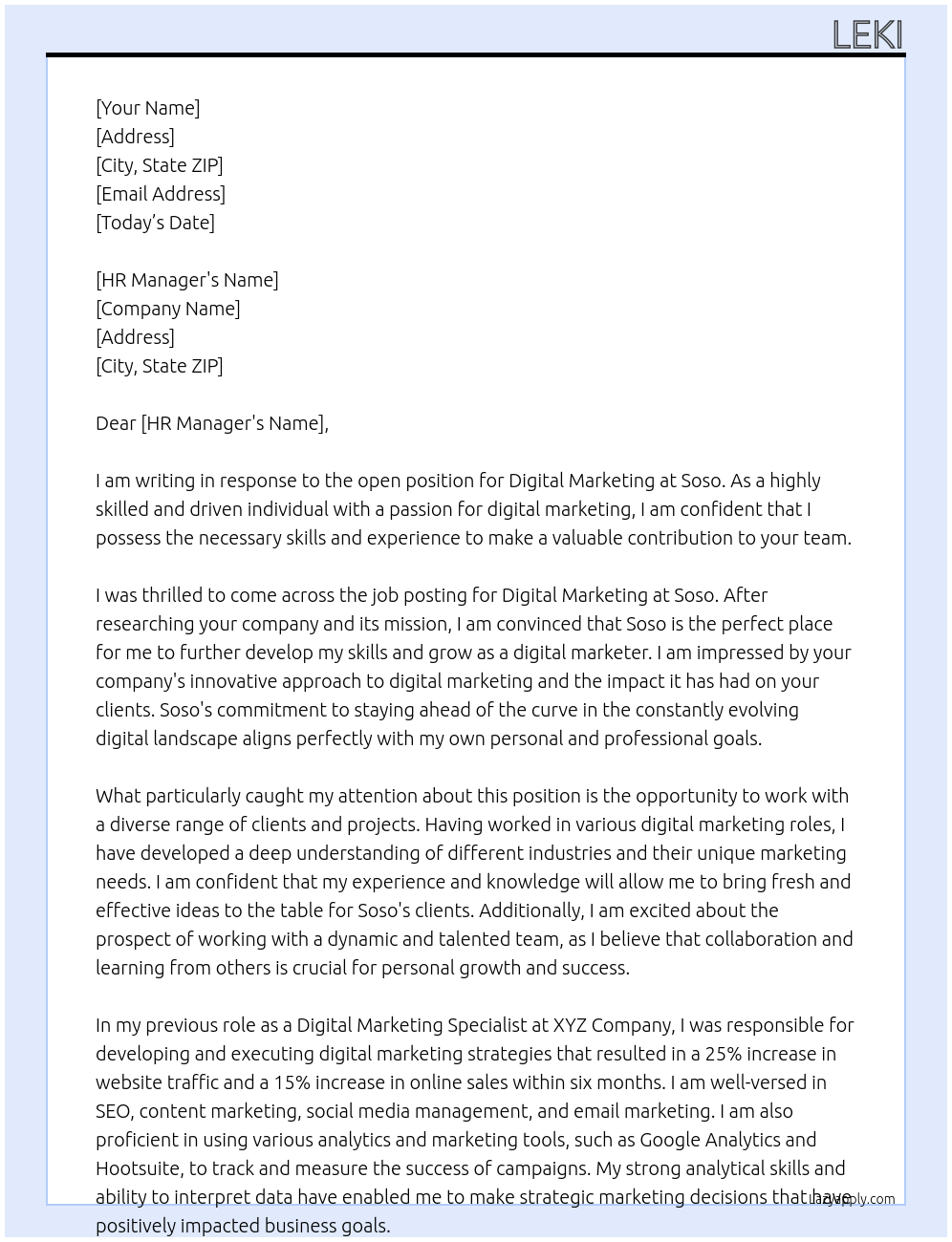 Digital marketing At Soso Cover Letter