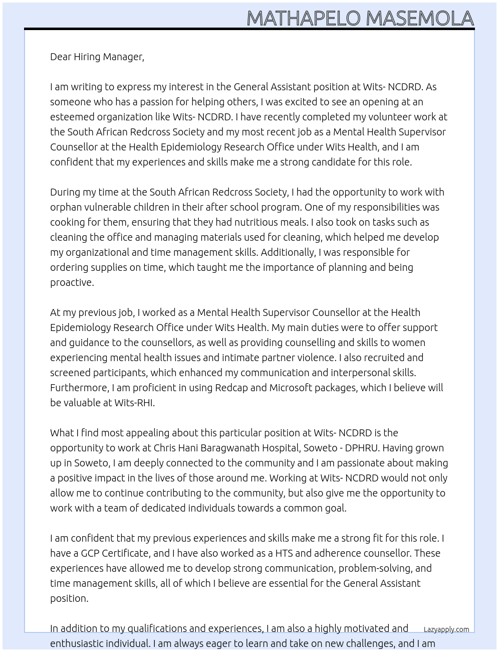 General Assistant  At Wits- NCDRD Cover Letter