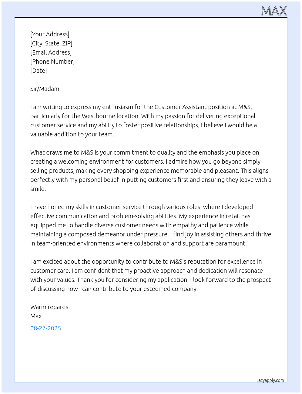 Customer Assisstant At M&S Cover Letter