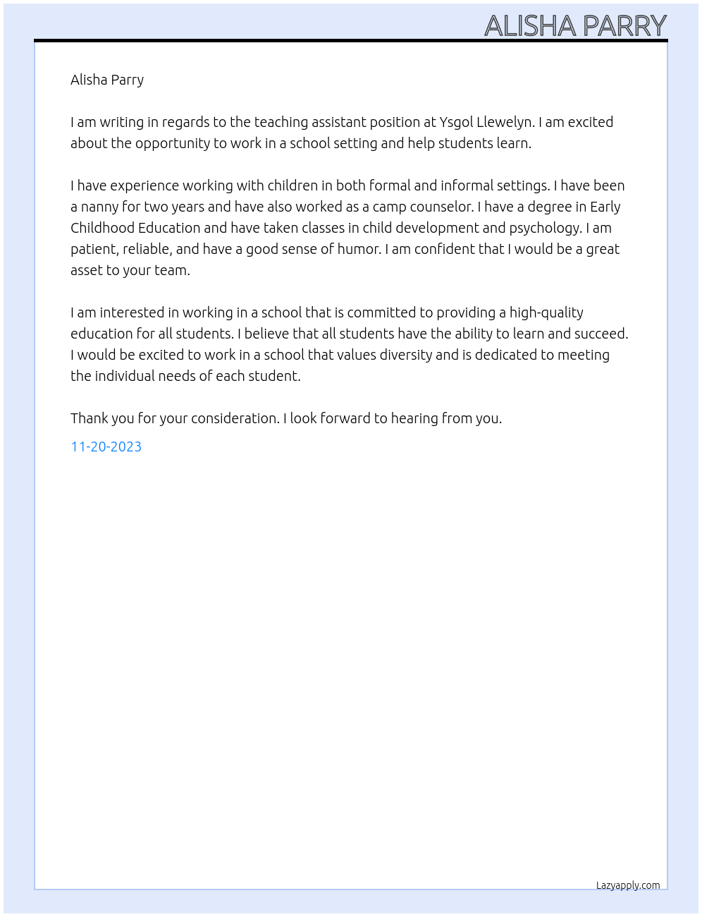 Teaching Assistant At Ysgol Llewelyn Cover Letter