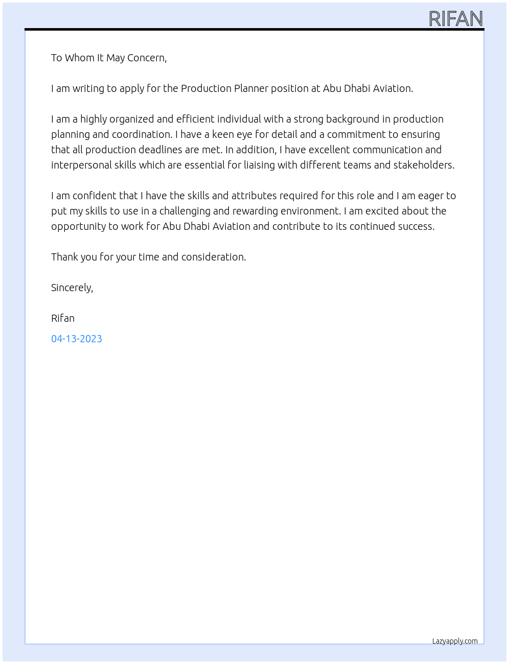 Production Planner At Abu Dhabi Aviation Cover Letter